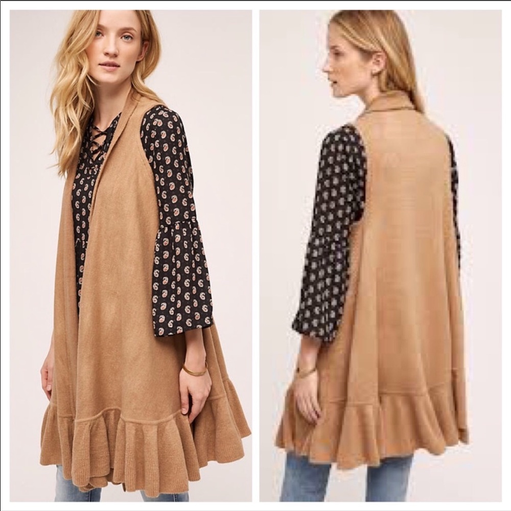 Anthropologie long ruffle vest. Camel. O/S